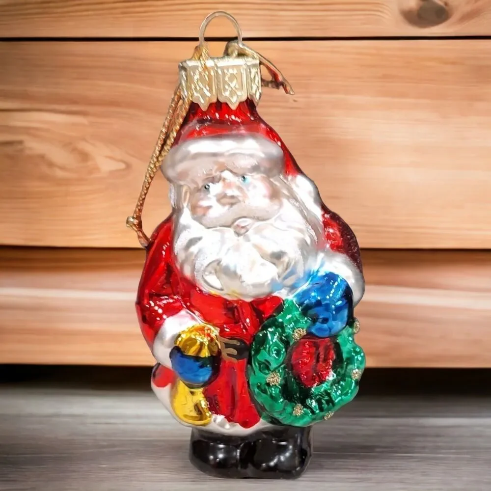 Jolly Santa Blue Gloves Horn Christmas Wreath Ornament Blown Glass Pacconi 2002